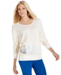 Lace insets at the sleeves and waist add a feminine touch to this simple, chic top from Style&co. Lace insets at the sleeves and waist add a feminine touch to this simple, chic top from Style&co.