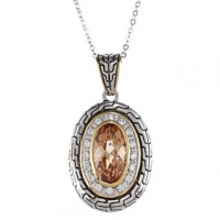 Sterling Silver Two-Tone Champagne CZ Oval Pendant with 18 Chain Sterling Silver Two-Tone Champagne CZ Oval Pendant with 18 Chain