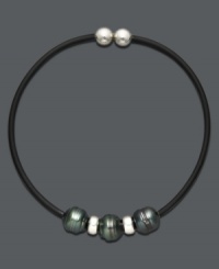 Traditional pearls with a modern spin. This stylish bracelet features three cultured Tahitian pearls (8-9 mm) accented with sterling silver beads on a black rubber bracelet. Approximate diameter: 2-1/2 inches. Approximate length: 7-1/2 inches. Traditional pearls with a modern spin. This stylish bracelet features three cultured Tahitian pearls (8-9 mm) accented with sterling silver beads on a black rubber bracelet. Approximate diameter: 2-1/2 inches. Approximate length: 7-1/2 inches.