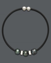 Traditional pearls with a modern spin. This stylish bracelet features three cultured Tahitian pearls (8-9 mm) accented with sterling silver beads on a black rubber bracelet. Approximate diameter: 2-1/2 inches. Approximate length: 7-1/2 inches.