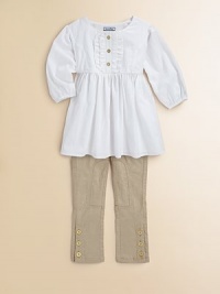 Sweet and simple, this woven cotton top has graceful chain-pattern embroidered stripes and soft ruffles at the placket.Round necklineButton placket with rufflesGathered empire waistGently gathered shouldersThree-quarter sleeves with elasticized cuffsCottonMachine washImported Sweet and simple, this woven cotton top has graceful chain-pattern embroidered stripes and soft ruffles at the placket.Round necklineButton placket with rufflesGathered empire waistGently gathered shouldersThree-quarter sleeves with elasticized cuffsCottonMachine washImported