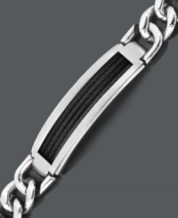 Structured ID style with a modern edge. Men's bracelet features a cable link design highlighting a black plated steel ID tag center. Crafted in titanium. Approximate length: 8-1/2 inches. Structured ID style with a modern edge. Men's bracelet features a cable link design highlighting a black plated steel ID tag center. Crafted in titanium. Approximate length: 8-1/2 inches.