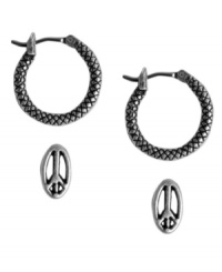 Give this cute earring combo a chance! Lucky Brand's chic earrings set includes a small textured hoop and stud earrings sculpted like peace signs. Crafted in silver tone mixed metal. Approximate diameter (stud): 3/8 inch. Approximate diameter (hoop): 1/2 inch. Give this cute earring combo a chance! Lucky Brand's chic earrings set includes a small textured hoop and stud earrings sculpted like peace signs. Crafted in silver tone mixed metal. Approximate diameter (stud): 3/8 inch. Approximate diameter (hoop): 1/2 inch.