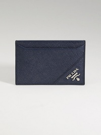 Handsome saffiano leather with metal crest logo accent. Three card slots Nylon lining 4W X 2¾H Made in Italy Handsome saffiano leather with metal crest logo accent. Three card slots Nylon lining 4W X 2¾H Made in Italy