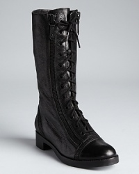 Zip into lace up boots with moto edge and funky zipper accents; double zips make this Via Spiga design easy on and off. Zip into lace up boots with moto edge and funky zipper accents; double zips make this Via Spiga design easy on and off.