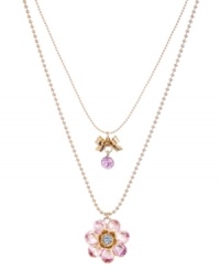 Time for a little romance. Betsey Johnson's sweet, two-row pendant necklace features a blue and pink crystal-encrusted flower and a petite ribbon charm. Crafted in antique gold-plated mixed metal. Approximate length: 16 inches + 3-inch extender. Approximate drop: 2-3/4 inches. Time for a little romance. Betsey Johnson's sweet, two-row pendant necklace features a blue and pink crystal-encrusted flower and a petite ribbon charm. Crafted in antique gold-plated mixed metal. Approximate length: 16 inches + 3-inch extender. Approximate drop: 2-3/4 inches.