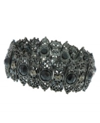 Completely modern with a vintage vibe. Faceted, black jet stones and black crystals add baroque appeal to the filigree setting of hematite-plated mixed metal. Bracelet by 2028 stretches to fit wrist. Approximate diameter: 7 inches. Completely modern with a vintage vibe. Faceted, black jet stones and black crystals add baroque appeal to the filigree setting of hematite-plated mixed metal. Bracelet by 2028 stretches to fit wrist. Approximate diameter: 7 inches.