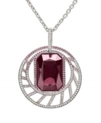 Romancing the stone: Swarovski's circle and stone pendant necklace showcases a faceted crystal in rich red, elegantly encased inside a glittering circle of crystals. Made in silver tone mixed metal. Approximate length: 27 inches. Approximate drop: 1-3/4 inches. Romancing the stone: Swarovski's circle and stone pendant necklace showcases a faceted crystal in rich red, elegantly encased inside a glittering circle of crystals. Made in silver tone mixed metal. Approximate length: 27 inches. Approximate drop: 1-3/4 inches.
