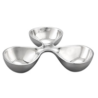 This interlocked set of three bowls measuring 11 inches in diameter can be used for condiments, nuts, candies, olives, snack crackers, or what-have-you. The triple bowl, designed by Karim Rashid, is part of our contemporary Morphik collection of serving/entertaining accessories that feature the curving forms nature favors.