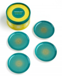 Soak up the sun with Jonathan Adler coasters inspired by the Greek island of Santorini. Turquoise-glazed porcelain with gold banding and sunbursts keep your table looking cool. Soak up the sun with Jonathan Adler coasters inspired by the Greek island of Santorini. Turquoise-glazed porcelain with gold banding and sunbursts keep your table looking cool.
