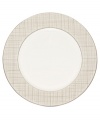 Dressed in a fine diamond grid of bronze and warm taupe, the Veneto dinner plates are tailored for formal dining and everyday elegance in bone china.