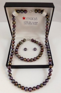 Macy's Sterling Silver Cultured Black Pearl Necklace, Earring & Bracelet Set Macy's Sterling Silver Cultured Black Pearl Necklace, Earring & Bracelet Set