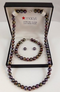 Macy's Sterling Silver Cultured Black Pearl Necklace, Earring & Bracelet Set