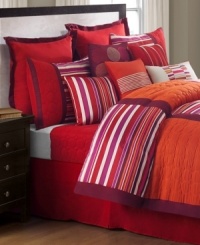 Make a bold statement in any room with this Trilogy comforter set, featuring an alluring array of colors and patterns. A brilliant red, pink and orange palette, distinctive stripes and luxe textures come together for a new take on modern. Make a bold statement in any room with this Trilogy comforter set, featuring an alluring array of colors and patterns. A brilliant red, pink and orange palette, distinctive stripes and luxe textures come together for a new take on modern.