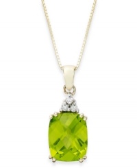 Take your look to the next level with the right amount of color. A rectangular-cut peridot (3-1/4 ct. t.w.) and a crown of diamond accents adds sparkle to this shining 14k gold necklace. Approximate length: 18 inches. Approximate drop: 3/4 inch. Take your look to the next level with the right amount of color. A rectangular-cut peridot (3-1/4 ct. t.w.) and a crown of diamond accents adds sparkle to this shining 14k gold necklace. Approximate length: 18 inches. Approximate drop: 3/4 inch.