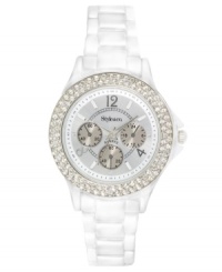 This boyfriend-inspired watch by Style&co. gets a girlie makeover in white on white. White-plated mixed metal bracelet and round case. Bezel embellished with crystal accents. White dial features numerals, stick indices, minute track, three multifunctional subdials, three hands and logo. Quartz movement. Two-year limited warranty. This boyfriend-inspired watch by Style&co. gets a girlie makeover in white on white. White-plated mixed metal bracelet and round case. Bezel embellished with crystal accents. White dial features numerals, stick indices, minute track, three multifunctional subdials, three hands and logo. Quartz movement. Two-year limited warranty.