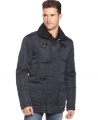 Armani Jeans quotes the masculine glamour of the firefighter's coat in this three-buckle jacket with a shorter cut and sexier, close-to-the-body silhouette. Armani Jeans quotes the masculine glamour of the firefighter's coat in this three-buckle jacket with a shorter cut and sexier, close-to-the-body silhouette.