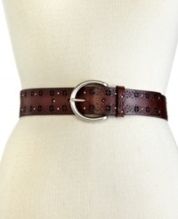 Keep your shape looking chic with this vintage-inspired belt from Fossil. Geometric perforations and shiny stud accents lend a laid-back look a little edge. Pairs perfectly with faded jeans or flowy dresses. Keep your shape looking chic with this vintage-inspired belt from Fossil. Geometric perforations and shiny stud accents lend a laid-back look a little edge. Pairs perfectly with faded jeans or flowy dresses.