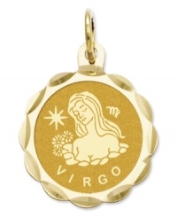 Tell everyone your sign in style! This scalloped and polished disc charm features the Virgo Zodiac in 14k gold. Chain not included. Approximate length: 9/10 inch. Approximate width: 3/5 inch. Tell everyone your sign in style! This scalloped and polished disc charm features the Virgo Zodiac in 14k gold. Chain not included. Approximate length: 9/10 inch. Approximate width: 3/5 inch.