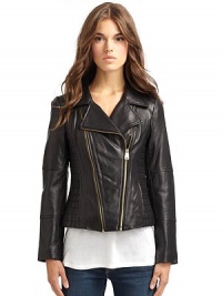 THE LOOKNotch lapelOffset asymmetrical zip closureLong zip cuff sleeves Quilted side panels Zipper accentSeam and Princess seam detailsTHE FITAbout 20 from shoulder to hemTHE MATERIALLamb leatherFully linedCARE & ORIGINDry clean by leather specialistImportedModel shown is 5'11 (180cm) wearing US size Small. THE LOOKNotch lapelOffset asymmetrical zip closureLong zip cuff sleeves Quilted side panels Zipper accentSeam and Princess seam detailsTHE FITAbout 20 from shoulder to hemTHE MATERIALLamb leatherFully linedCARE & ORIGINDry clean by leather specialistImportedModel shown is 5'11 (180cm) wearing US size Small.