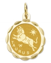 Tell everyone your sign in style! This scalloped and polished disc charm features the Taurus Zodiac in 14k gold. Chain not included. Approximate length: 9/10 inch. Approximate width: 3/5 inch. Tell everyone your sign in style! This scalloped and polished disc charm features the Taurus Zodiac in 14k gold. Chain not included. Approximate length: 9/10 inch. Approximate width: 3/5 inch.