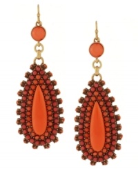 A bold pair of statement earrings will instantly upgrade any ensemble. This vibrant design from Jessica Simpson features large plastic coral teardrop shapes with bronze accents. Approximate drop: 3-1/2 inches. A bold pair of statement earrings will instantly upgrade any ensemble. This vibrant design from Jessica Simpson features large plastic coral teardrop shapes with bronze accents. Approximate drop: 3-1/2 inches.