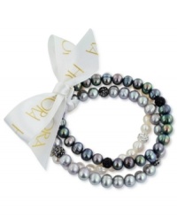 Beauty in bunches. Black and gray play a starring role in this set of three cultured freshwater pearl (7-8 mm) stretch bracelets that offer a classic chic feel, with crystals adding luster. Approximate length: 7-1/2 inches. Beauty in bunches. Black and gray play a starring role in this set of three cultured freshwater pearl (7-8 mm) stretch bracelets that offer a classic chic feel, with crystals adding luster. Approximate length: 7-1/2 inches.
