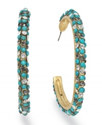 Show 'em your bling! INC International Concepts' unique hoop earrings combine plastic turquoise beads, and black glass accents in a 12k gold-plated mixed metal setting for summery sparkle. Approximate diameter: 1-1/2 inches.