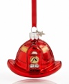 Celebrate everyday heroes with the fireman's hat ornament, featuring blazing-red glass embellished with gold glitter and a star-shaped charm. From Midwest.