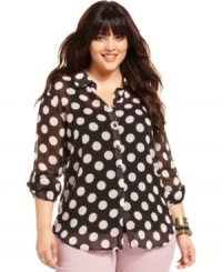 See spots in American Rag's super-cute plus size top, featuring a bold polka dot print. See spots in American Rag's super-cute plus size top, featuring a bold polka dot print.