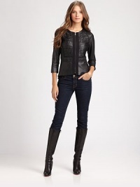 An exposed front zipper adds an edgy feel to this buttery leather jacket with timeless shaping princess seams and chic sleeves.Round neckElbow-length sleevesVertical pleatsExposed front zipperPrincess seamsSmoked back waistFully linedAbout 25 from shoulder to hemLamb leatherDry clean by leather specialistImported Model shown is 5'9 (175cm) wearing US size Small. An exposed front zipper adds an edgy feel to this buttery leather jacket with timeless shaping princess seams and chic sleeves.Round neckElbow-length sleevesVertical pleatsExposed front zipperPrincess seamsSmoked back waistFully linedAbout 25 from shoulder to hemLamb leatherDry clean by leather specialistImported Model shown is 5'9 (175cm) wearing US size Small.