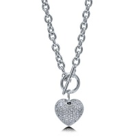 Cubic Zirconia CZ Silvertone Puffed Heart Toggle Pendant Necklace, Holiday Christmas Gift Cubic Zirconia CZ Silvertone Puffed Heart Toggle Pendant Necklace, Holiday Christmas Gift