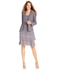 Patra's petite dress is dazzling for evening with its beaded collar and tiered chiffon skirt. The attached jacket is a sophisticated finish and makes for an effortless ensemble. (Clearance) Patra's petite dress is dazzling for evening with its beaded collar and tiered chiffon skirt. The attached jacket is a sophisticated finish and makes for an effortless ensemble. (Clearance)