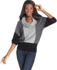 Style&co. puts a special spin on the colorblock trend: bold, wide stripes give this cowlneck sweater a graphic edge. Style&co. puts a special spin on the colorblock trend: bold, wide stripes give this cowlneck sweater a graphic edge.