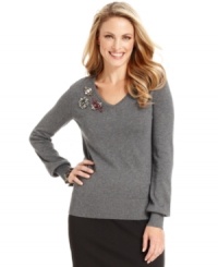 Charter Club dresses up this sleek petite sweater with brilliant brooch-like beading at the shoulder. Charter Club dresses up this sleek petite sweater with brilliant brooch-like beading at the shoulder.