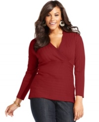 Dress up your casual look with Style&co.'s long sleeve plus size sweater, finished by a surplice neckline. Dress up your casual look with Style&co.'s long sleeve plus size sweater, finished by a surplice neckline.