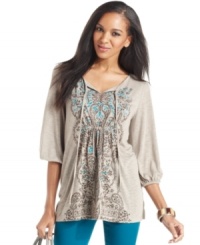 A slub texture and pretty, studded print give this Style&co. top a ton of flair--try yours with colored denim! A slub texture and pretty, studded print give this Style&co. top a ton of flair--try yours with colored denim!