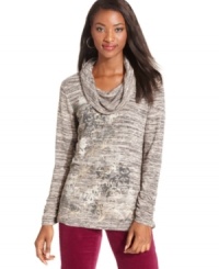 A foiled scroll print elevates this cowlneck sweater from Style&co. A foiled scroll print elevates this cowlneck sweater from Style&co.