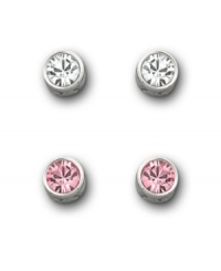 Set your sights on this stylish set that includes two pairs of sparkling crystal stud earrings from Swarovski. Designed with a bezel setting, one pair features clear Swarovski crystals, while the second comes in a pretty shade of pale pink. Made in silver tone mixed metal. Approximate drop: 3/16 inch. Set your sights on this stylish set that includes two pairs of sparkling crystal stud earrings from Swarovski. Designed with a bezel setting, one pair features clear Swarovski crystals, while the second comes in a pretty shade of pale pink. Made in silver tone mixed metal. Approximate drop: 3/16 inch.