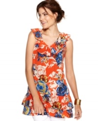 Try a bolder bloom! Style&co.'s tunic gives off a flirty vibe with bright colors, sweet ruffles and the prettiest floral print. Try a bolder bloom! Style&co.'s tunic gives off a flirty vibe with bright colors, sweet ruffles and the prettiest floral print.