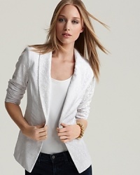 Lace brings romance to this smartly tailored GUESS blazer, finished with a single-button closure. Lace brings romance to this smartly tailored GUESS blazer, finished with a single-button closure.