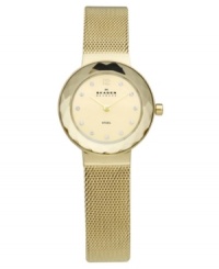 Golden shine meets pure watch glamour with a faceted glass bezel and mesh bracelet, by Skagen Denmark. Golden shine meets pure watch glamour with a faceted glass bezel and mesh bracelet, by Skagen Denmark.