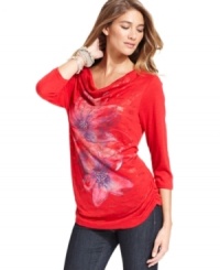 Festive flowers grace the front of this pretty everyday top from Style&co. Featuring ruching at the sides and a draped cowl-neck, it is a picture-perfect piece for a bright fall day! Festive flowers grace the front of this pretty everyday top from Style&co. Featuring ruching at the sides and a draped cowl-neck, it is a picture-perfect piece for a bright fall day!