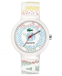 Subtle and fashionable, this men's and women's Goa watch from Lacoste is spot on. White multicolor dot silicone strap. Round white plastic case and round white dial with multicolor dot logo design. Quartz movement. Water resistant to 30 meters. Two-year limited warranty. Subtle and fashionable, this men's and women's Goa watch from Lacoste is spot on. White multicolor dot silicone strap. Round white plastic case and round white dial with multicolor dot logo design. Quartz movement. Water resistant to 30 meters. Two-year limited warranty.