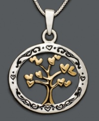 Surround yourself with the love of your family. Engraved circular sterling silver pendant features a 14k gold over sterling silver tree at center with heart leaves. Approximate length: 18 inches. Approximate drop: 1 inch. Surround yourself with the love of your family. Engraved circular sterling silver pendant features a 14k gold over sterling silver tree at center with heart leaves. Approximate length: 18 inches. Approximate drop: 1 inch.
