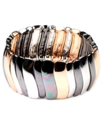 This striped mixed metal stretch bracelet by Nine West has a sliver of shine for everyone. It features silver, rose gold, and hematite-plated mixed metal. Approximate diameter: 2-1/4 inches. This striped mixed metal stretch bracelet by Nine West has a sliver of shine for everyone. It features silver, rose gold, and hematite-plated mixed metal. Approximate diameter: 2-1/4 inches.