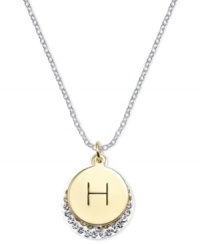 Letter perfection. This sterling silver necklace holds a pendant set in 14k gold and sterling silver plated topped with an H and adorned with crystal for a stunning statement. Approximate length: 18 inches. Approximate drop: 7/8 inch. Approximate drop width: 5/8 inch. Letter perfection. This sterling silver necklace holds a pendant set in 14k gold and sterling silver plated topped with an H and adorned with crystal for a stunning statement. Approximate length: 18 inches. Approximate drop: 7/8 inch. Approximate drop width: 5/8 inch.