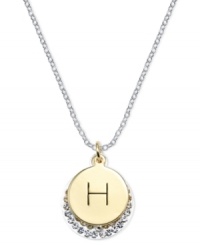 Letter perfection. This sterling silver necklace holds a pendant set in 14k gold and sterling silver plated topped with an H and adorned with crystal for a stunning statement. Approximate length: 18 inches. Approximate drop: 7/8 inch. Approximate drop width: 5/8 inch.