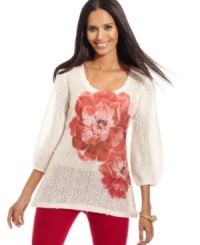 This chic open-knit top from Style&co. is adorned with a floral print and a smattering of sequins for a hint of shimmer. This chic open-knit top from Style&co. is adorned with a floral print and a smattering of sequins for a hint of shimmer.