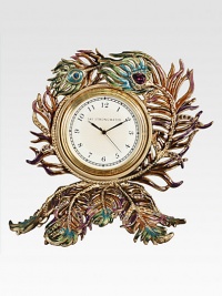 Swirling peacock feathers, in gloriously colored enamel and jewel-toned Swarovski crystals, surround an elegant clock for a luxurious accent on a mantle or night table.Quartz movementEnamel and crystalHandmade, hand-enameled and hand-set4.75L X 4.25H X 3DMade in USA Swirling peacock feathers, in gloriously colored enamel and jewel-toned Swarovski crystals, surround an elegant clock for a luxurious accent on a mantle or night table.Quartz movementEnamel and crystalHandmade, hand-enameled and hand-set4.75L X 4.25H X 3DMade in USA